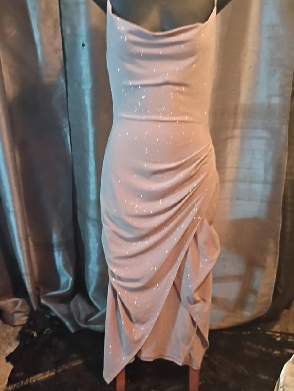 Shimmer Draped Midi Dress in Soft Pink